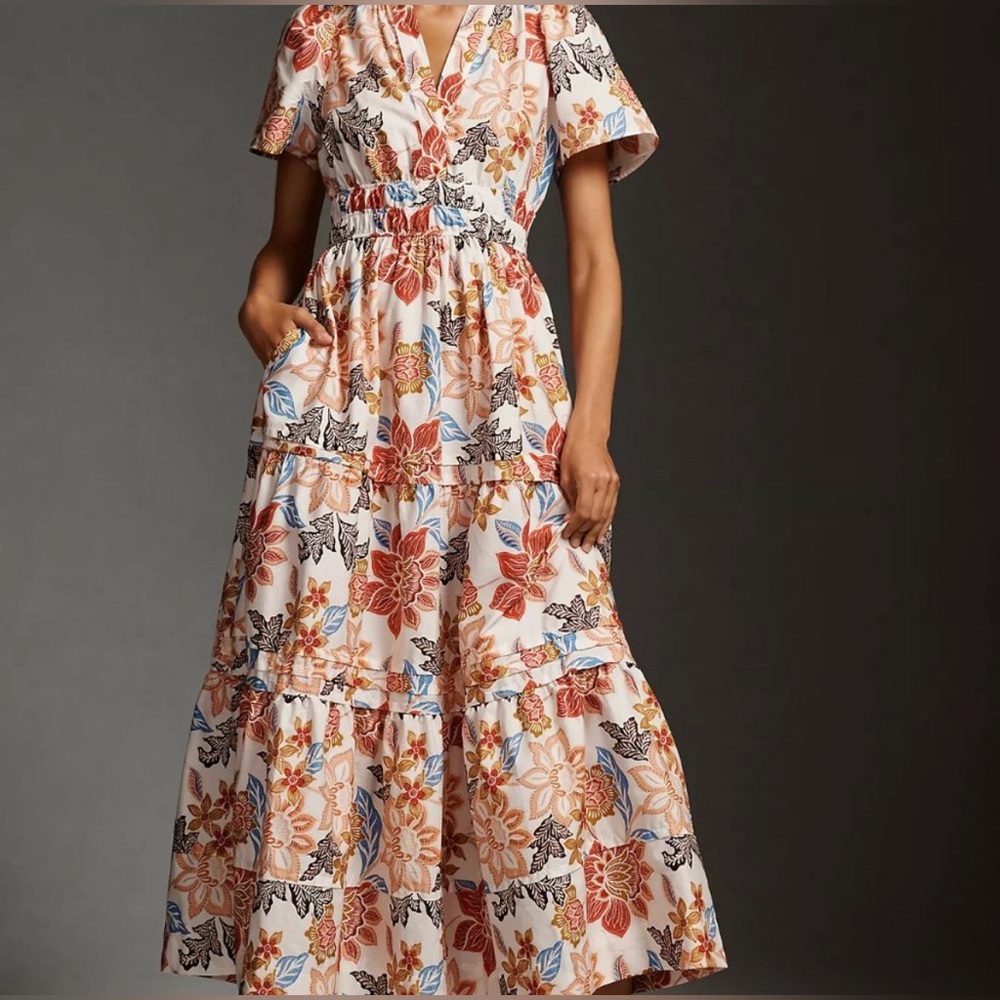 ANTHROPOLOGIE SOMERSET MAXI DRESS BOTANICAL MULTI FLORAL COTTON